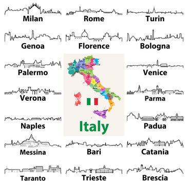 vector outline icons of Italian cities skylines with map and flag of Italy
