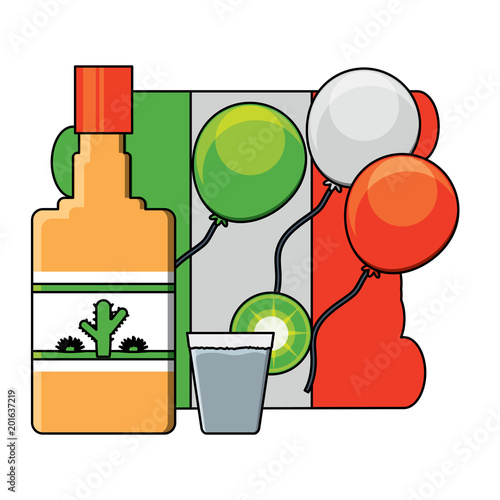 "flag of mexico tequila bottle and shot icon over white background