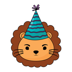 cute lion with party hat over white background, colorful design. vector illustration