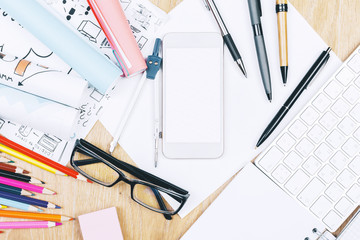 Light wooden desk with items