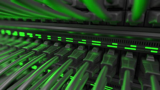 Close-up view of modern internet network switch with plugged ethernet cables. Blinking green lights on internet server.  4k 3d rendering endless loop.