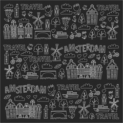 Vector pattern with Amsterdam city House, architecture, mill, tulip. Holland doodle icon