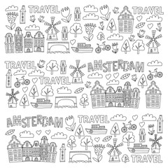 Vector pattern with Amsterdam city House, architecture, mill, tulip. Holland doodle icon