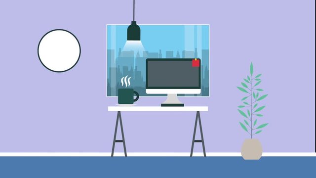 workspace office pc desk hot coffee cup plant clock hanging lamp and window urban background animation hd