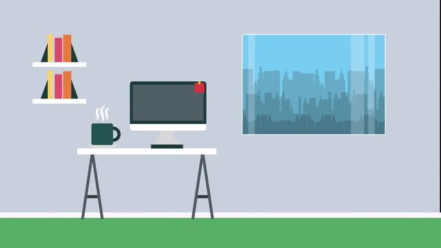 office workspace desk computer hot coffee cup and bookshelf window cityscape animation hd