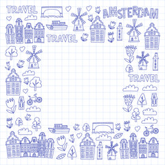 Vector pattern with Amsterdam city House, architecture, mill, tulip. Holland doodle icon