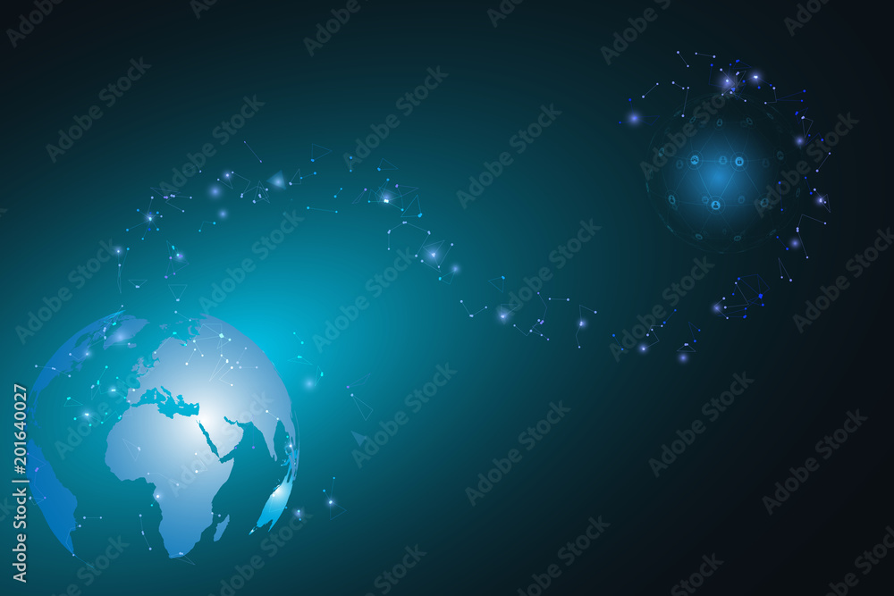 Poster global social networking connection. world map polygonal mesh and line as business, composition conc