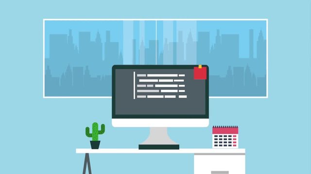 office space desk computer programming and code checkmark animation hd