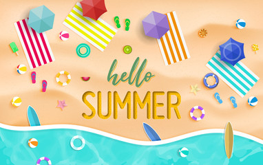 Hello summer background. Top view summer background vector in beach with umbrellas, balls, swim ring, sunglasses, surfboard, hat, sandals, juice, starfish and sea. 