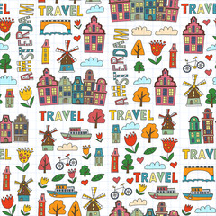 Vector pattern with Amsterdam city House, architecture, mill, tulip. Holland doodle icon