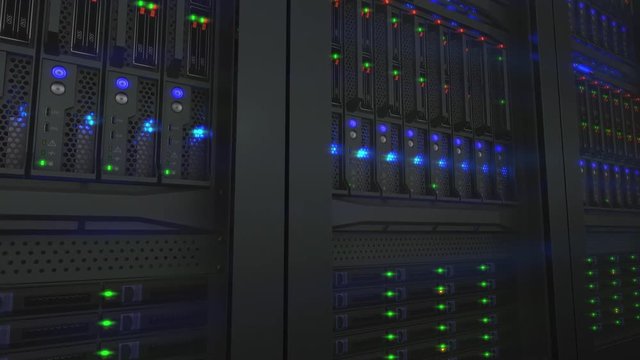 Lamps blinks on servers in modern data center. Loopable 3d animation, seamless loop