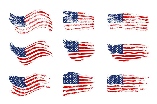 Vintage waving USA flag set. Vector waving American flags on grunge texture.