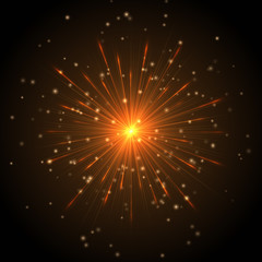 Colorful explosion of a star with golden rays and sparkles on a black background. Vector illustration with a bright flash