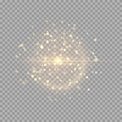 A bright flash with golden sparks on a transparent background. Vector illustration with colorful light effect