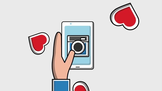 hand holding smartphone photographic camera app hearts falling social media animation hd