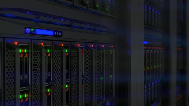 Lamps blinks on servers in modern data center. Loopable 3d animation, seamless loop