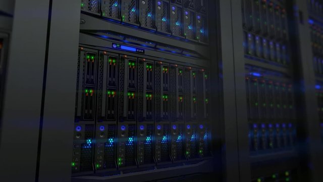 Lamps blinks on servers in modern data center. Loopable 3d animation, seamless loop