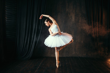 Naklejka premium Graceful ballerina dancing on theatrical stage