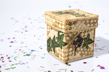 Wicker container hand decorated with decoupage tecnique