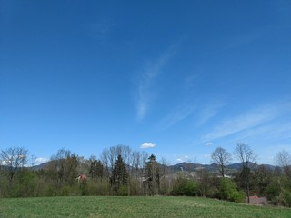 Meadow with trees and views to mountains and town. Slovakia