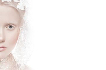 A very delicate portrait of an albino girl, a white background, snowflakes in her hair, sparkles, a...