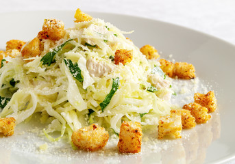 mayonnaise cabbage chicken salad with parsley decorated with fried in spices croutons and sprinkled with parmesan