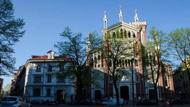 Turin, Italy, Piedmont 21 April 2018. The facade of the Church of Jesus Nazareno, taken in time laps from the square in front of the late afternoon. It has always been run by the Doctrinaire Fathers
