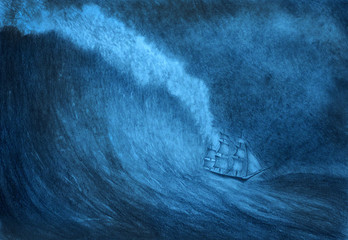 sailing ship in a storm