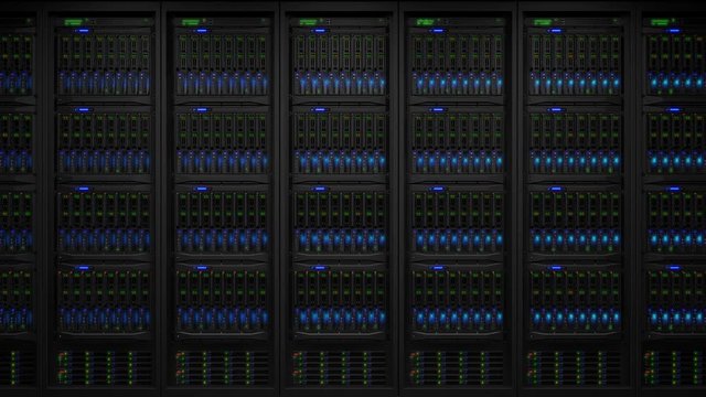 Lamps blinks on servers in modern data center. Loopable 3d animation, seamless loop