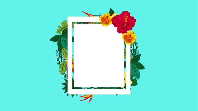 tropical template banner on exotic foliage flowers leaves