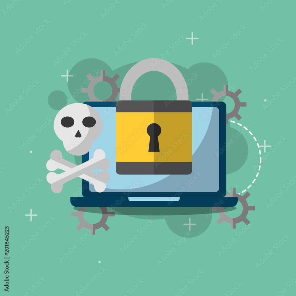 Poster laptop computer locked skull bones danger error cyber security vector illustration