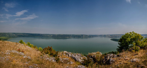 Scenic panorama view from the hill to the reservoir on the Dniester river, Ukraine.