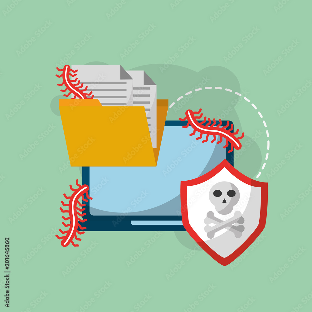 Poster cyber security mobile folder data shield worm vector illustration