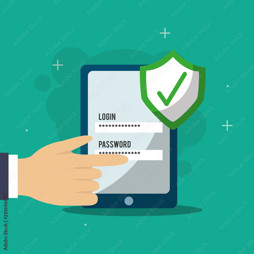 Poster hand pressing login password web checkmark cyber security vector illustration