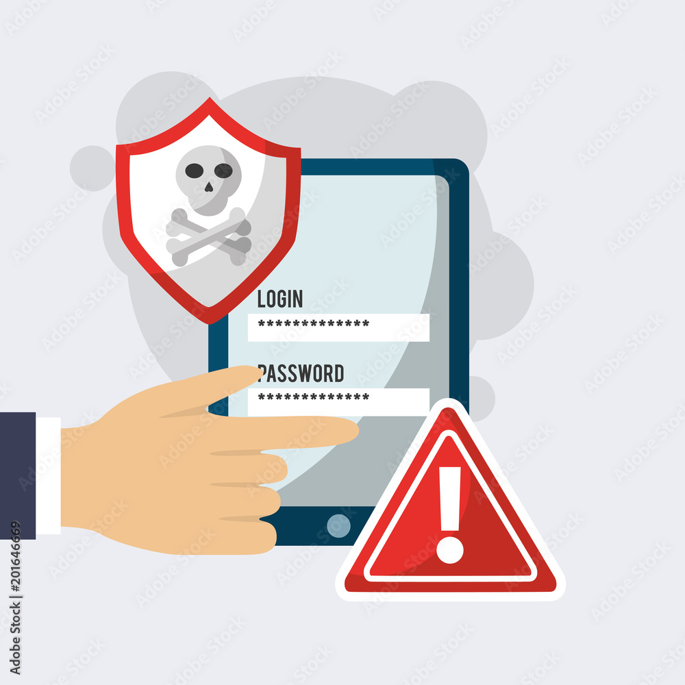 Poster cyber security smartphone hand access web warning vector illustration