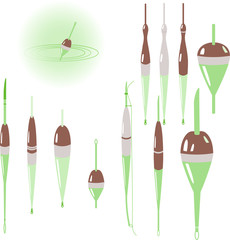 Vector set of fishing float, icon of fishing float on gray round background. Colorful drawing on white background. Can be used in postcards, posters, textiles, logo for fishing club.