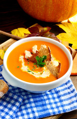 Colorful of Pumpkin soup menu with Maple Leaves Changing Color in October.(German name is Kürbissuppe)
Pumpkin season with  Menu for All Ages