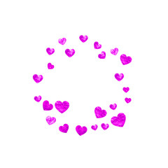 Heart frame background with pink glitter. Valentines day. Vector confetti. Hand drawn texture. Love theme for gift coupons, vouchers, ads, events. Wedding and bridal template with heart frame.