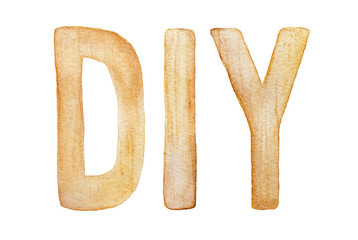 DIY (Do It Yourself) word inscription, stylized as wooden letters. Hand drawn water color graphic painting on white background, cut out. Caption, title; storage room, studio, home workshop decor. 