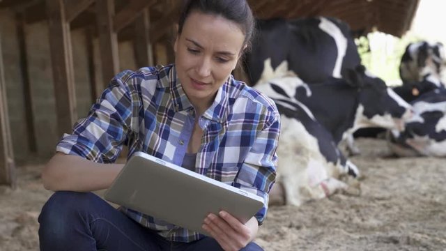 Farmer woman connected with tablet in cowshed
