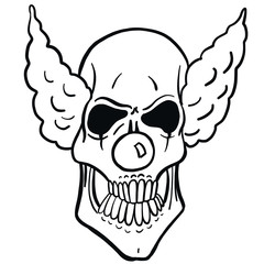 Monochrome illustration of a vector horror clown skull with crazy hair and nose. Isolated coloring page on white background