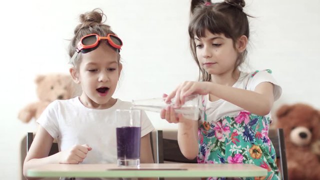 children's science. children conduct a chemical experiment at home. mixing of iodine and hydrogen peroxide