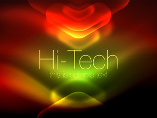 Blurred arrows in dark space. Neon pointers, glass glossy design, abstract shiny techno background, web banner