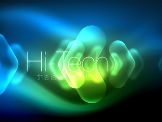 Blurred arrows in dark space. Neon pointers, glass glossy design, abstract shiny techno background, web banner