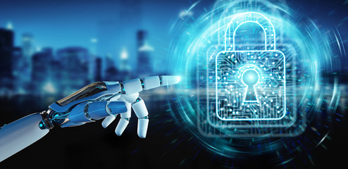 White robot hand securing digital datas 3D rendering