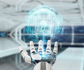 White robot hand securing digital datas 3D rendering