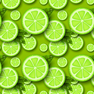 Lime fruit seamless pattern. Sliced pieces citrus with leaves and water drop. Vector illustration.