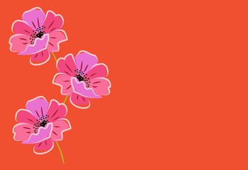 Pink poppy flowers on red background. Space for text. Vector card.