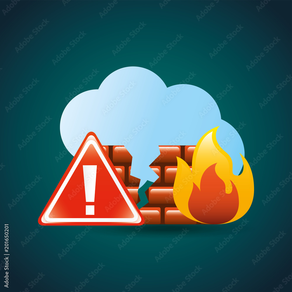 Wall mural cyber security cloud storage firewall broken alert attack vector illustration