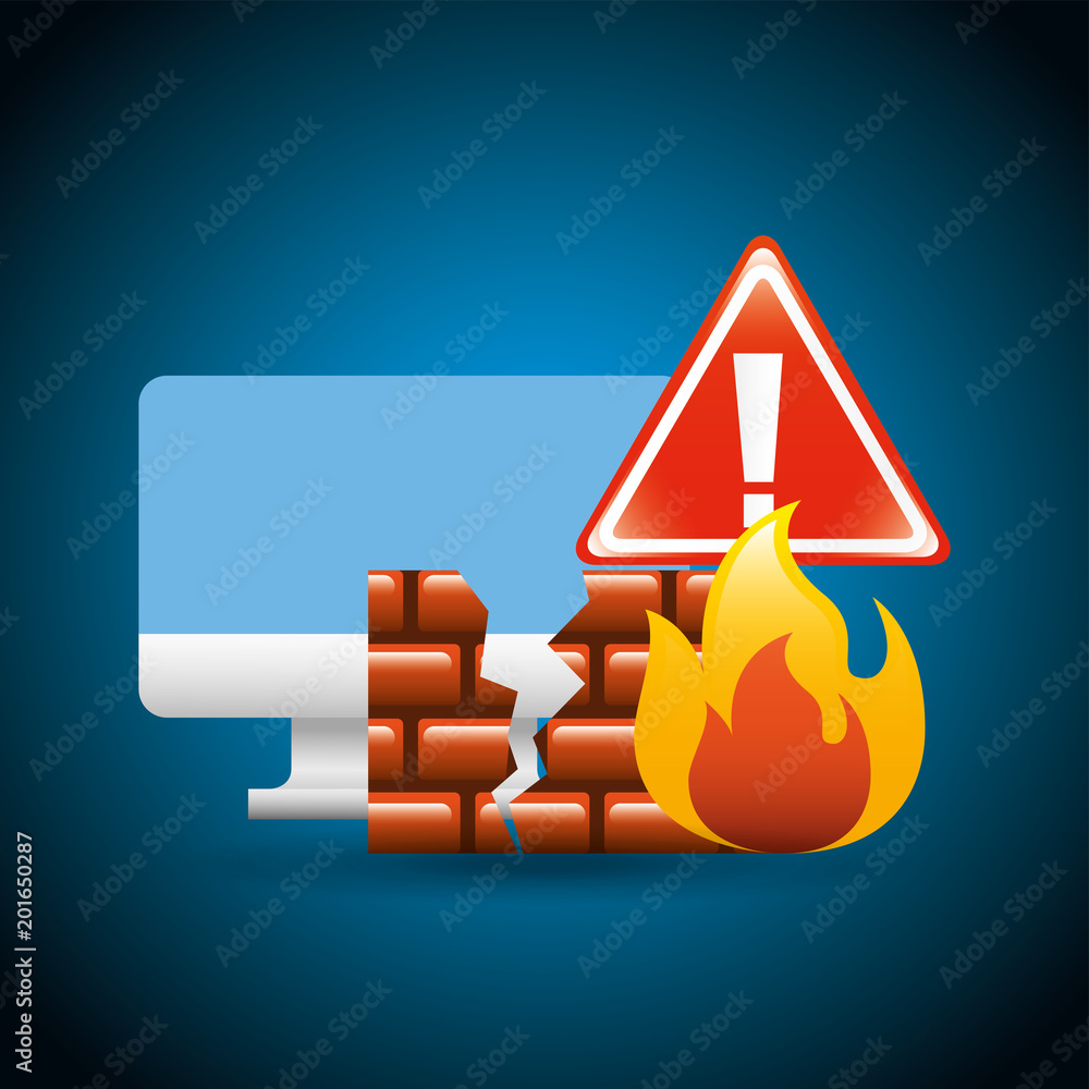 Poster cyber security concept computer broken firewall warning vector illustration